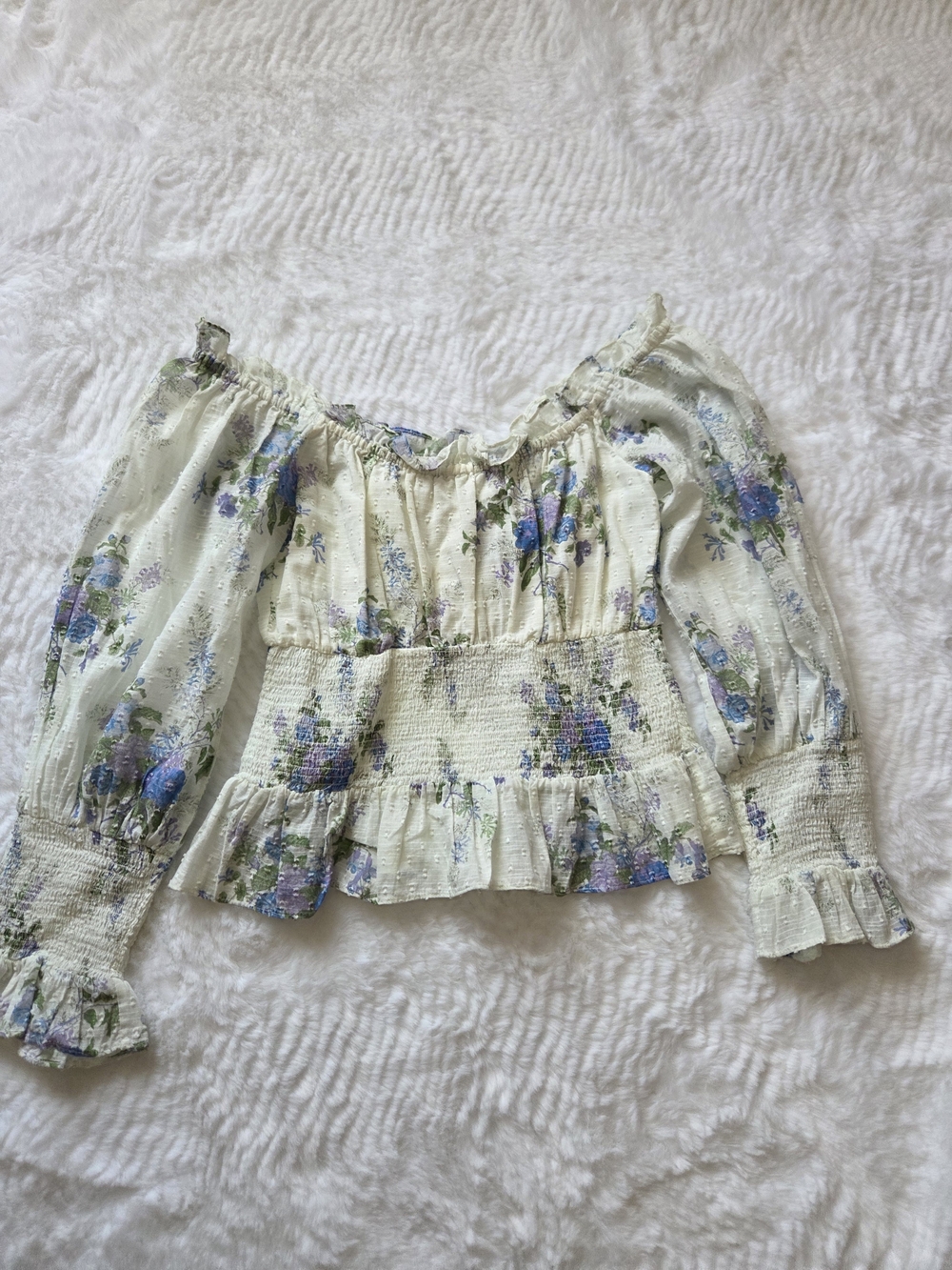 LoveShackFancy Evory Green Floral Off-the-Shoulder Blouse Sz Xs   No Sz Tag